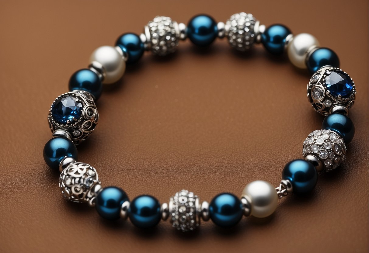 A Pandora bracelet lies on a flat surface, untouched. No stretching is visible