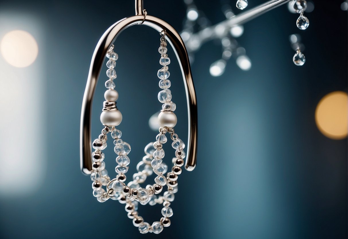 A Pandora bracelet hangs on a shower caddy, beads glistening with water droplets. Steam rises from the hot water, creating a serene and tranquil atmosphere