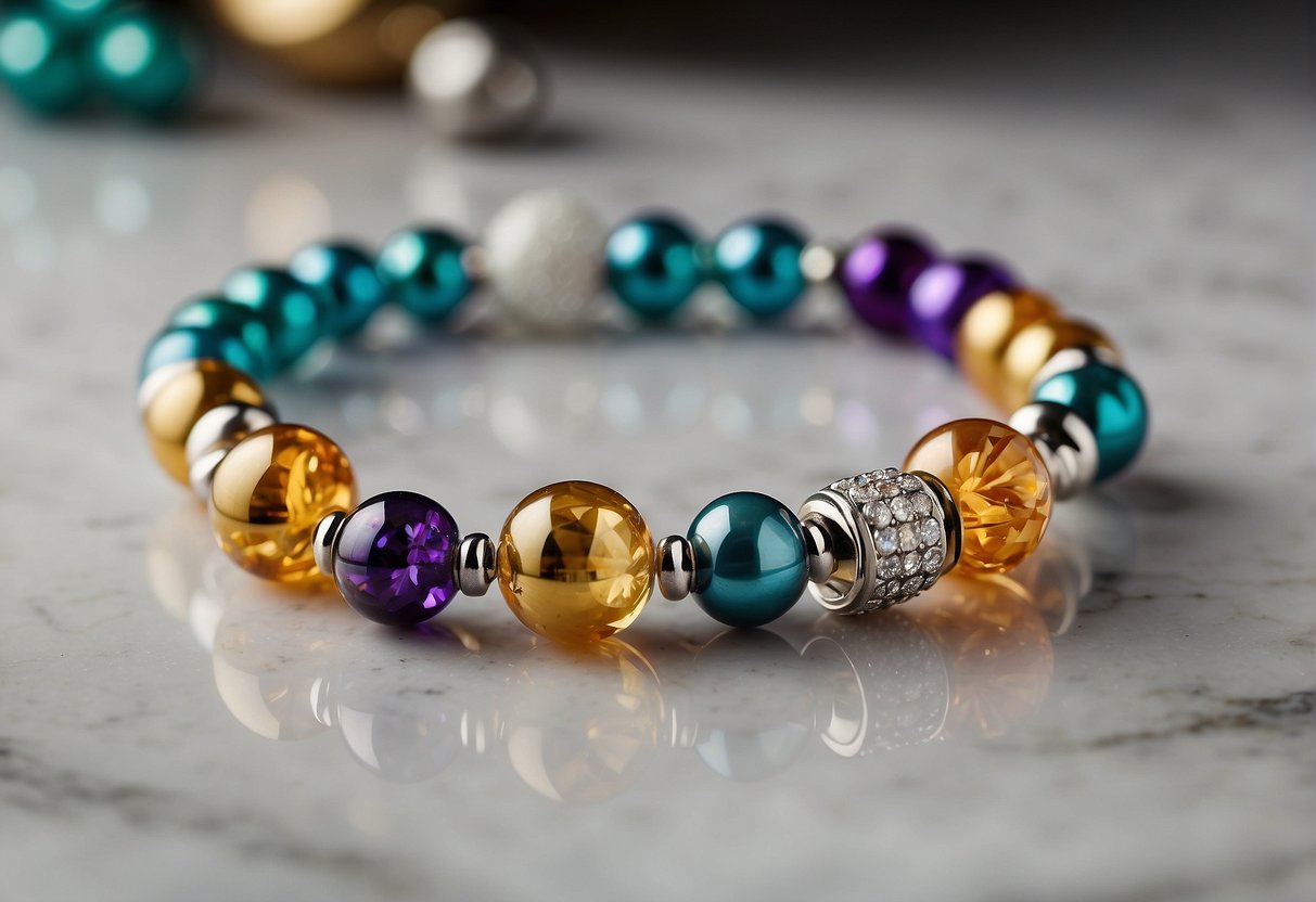 A Pandora bracelet lies on a marble countertop, surrounded by various materials such as silver, gold, and colorful beads. A showerhead sprays water in the background