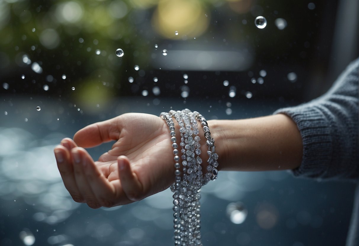 A hand holding a Pandora bracelet, water droplets falling, a crossed-out shower symbol, a checkmark next to handwashing