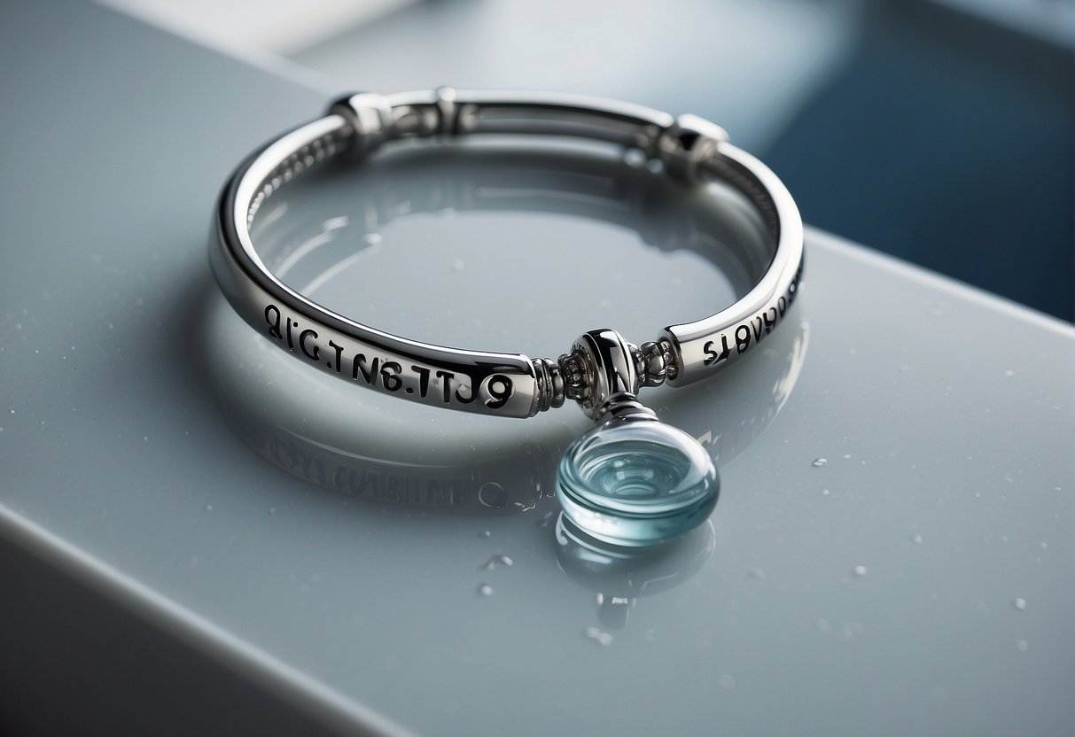 A Pandora bracelet hangs from a showerhead, dripping with water. A sign nearby reads "Frequently Asked Questions: Can I Shower With My Pandora Bracelet."
