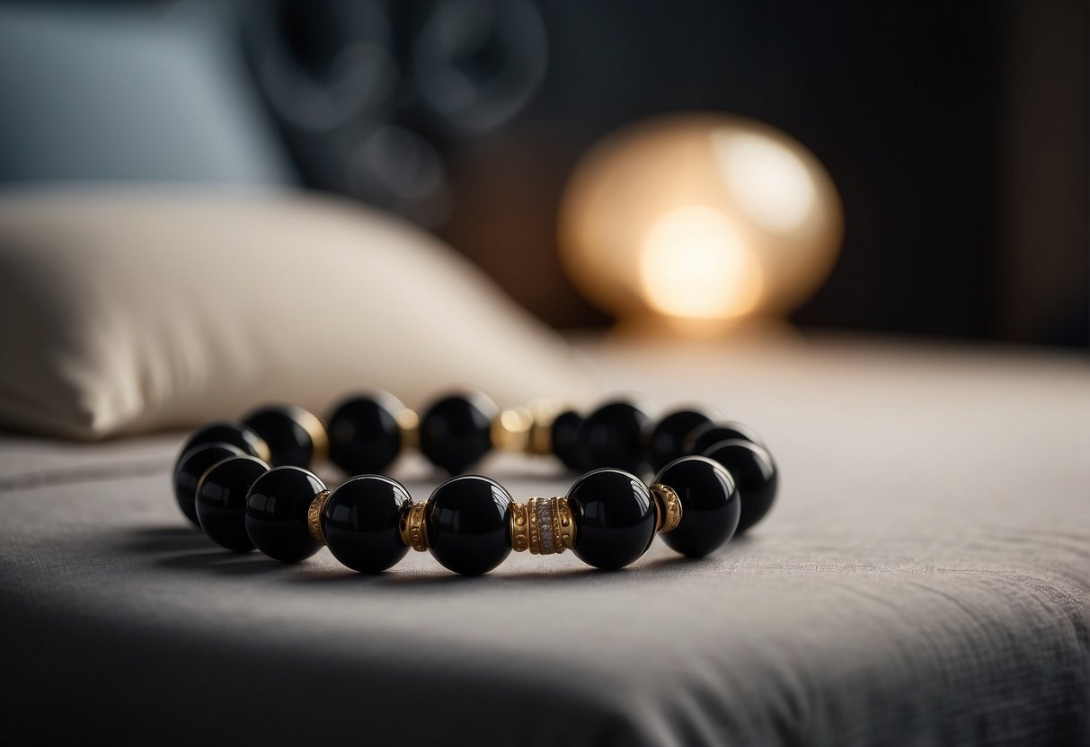 A black obsidian bracelet rests on a nightstand beside a bed, illuminated by the soft glow of a bedside lamp