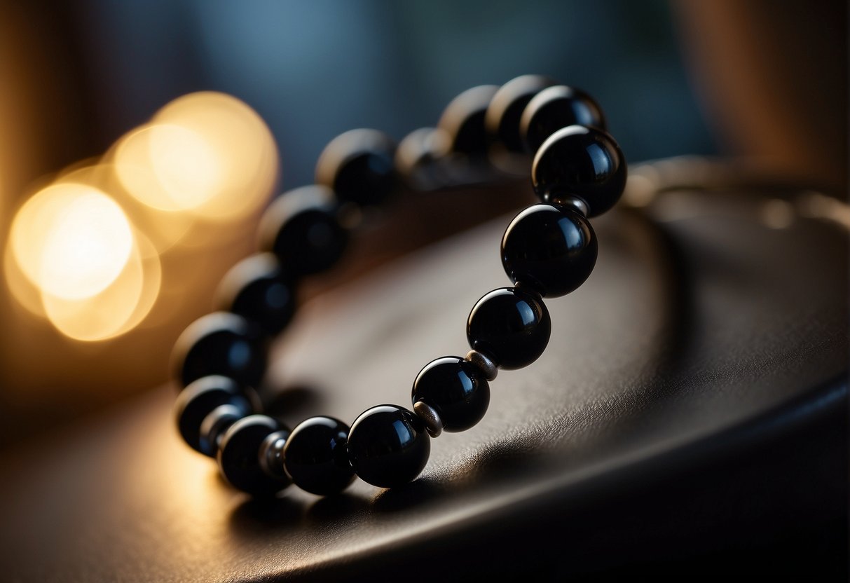 A black obsidian bracelet sits on a bedside table, bathed in the soft glow of moonlight streaming through a window