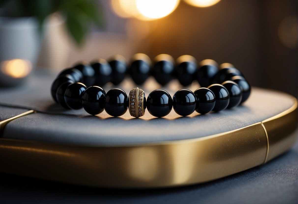 A black obsidian bracelet lies on a nightstand, next to a bed with soft, dim lighting. The room is calm and peaceful, with a sense of relaxation and comfort