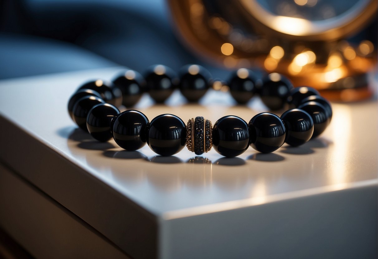A black obsidian bracelet rests on a nightstand, bathed in the soft glow of moonlight filtering through a window