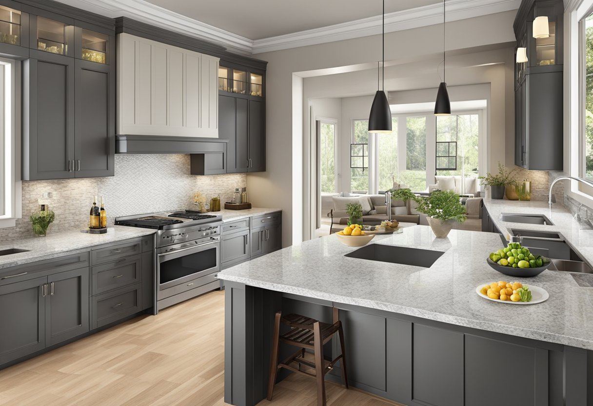A spacious kitchen with modern, sleek cabinet styles and layouts. Countertops are made of luxurious granite, with ample natural light streaming in