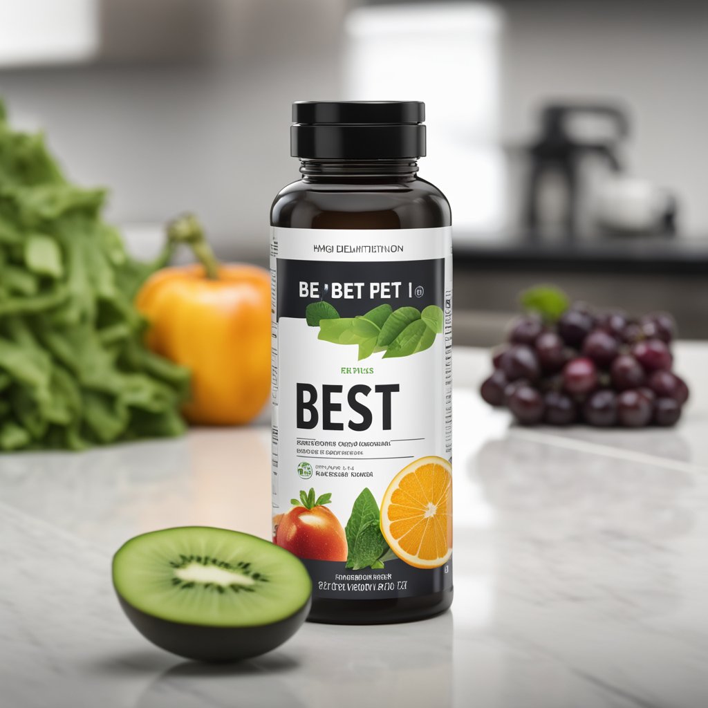 A clear glass bottle of liquid iron supplement with a label reading "best" sits on a white countertop, surrounded by fresh fruits and vegetables