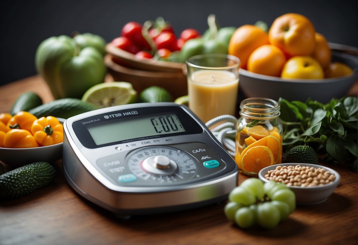 A scale with a weight loss bracelet beside it, surrounded by healthy food and exercise equipment