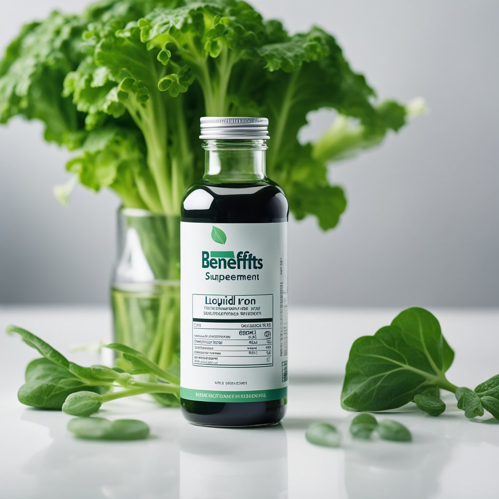 A clear bottle of liquid iron supplement sits on a white background, surrounded by fresh green leafy vegetables and a glass of water. The label on the bottle reads "Benefits of Liquid Iron Supplements."