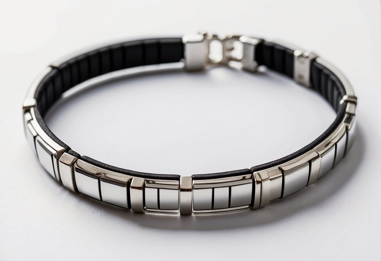 A weight loss bracelet sits on a clean, white surface with a ruler next to it for measurement. The bracelet is sleek and modern, with a minimalist design