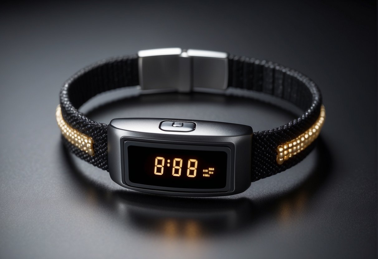 A Scram bracelet is shown detecting drugs, emitting a signal. The bracelet is worn on an ankle, with a clear view of the device's display