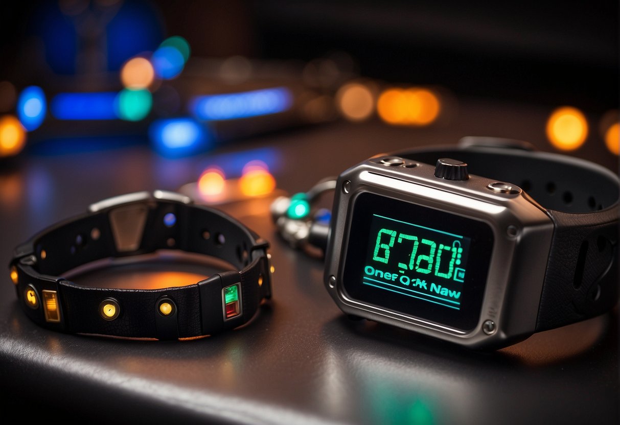 The SCRAM bracelet is shown with drug detection sensors activated, surrounded by question marks and a FAQ banner in the background
