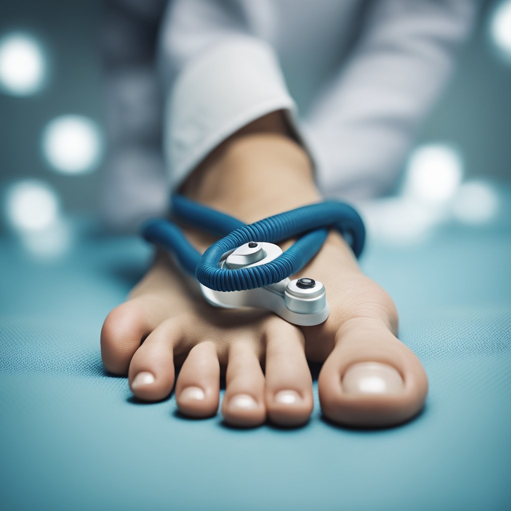 A foot with a bent toe wearing a medical device to straighten it