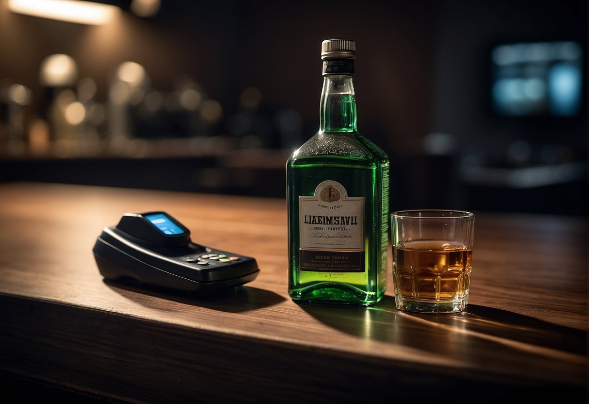 A half-empty bottle of alcohol sits on a table next to a discarded ankle monitor. The room is dimly lit, with shadows cast across the floor