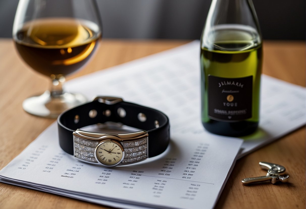A Scram bracelet sits on a bedside table next to an empty wine glass and a bottle of alcohol. A calendar on the wall shows the day before the bracelet was put on