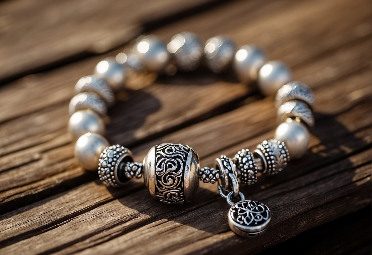 A Pandora bracelet lies on a weathered wooden surface, showing signs of rust and tarnish on its delicate charms and chain