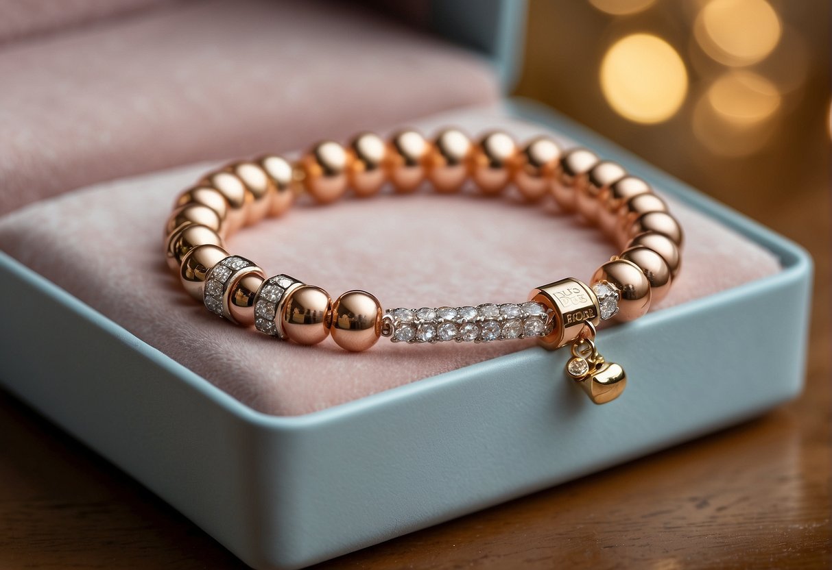 A Pandora bracelet made of sterling silver, gold, or rose gold shines in a jewelry box. A small label reads "Does Pandora Bracelet Rust?"