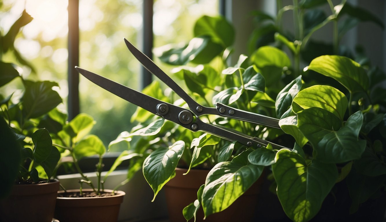A pair of gardening shears hovers over a lush pothos plant, ready to trim back overgrown vines. Sunlight streams through a nearby window, casting a warm glow on the vibrant green leaves