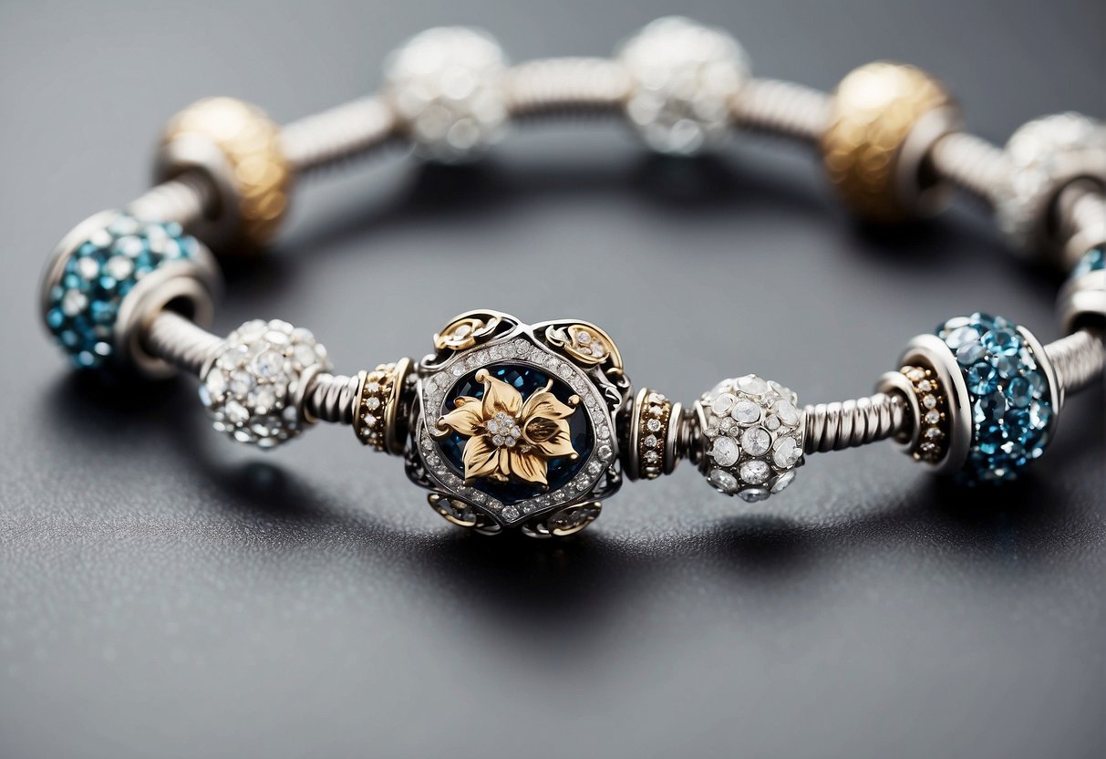 A Pandora bracelet lies on a clean, well-lit surface. It is free of rust and tarnish, with its intricate charms and clasp shining brightly