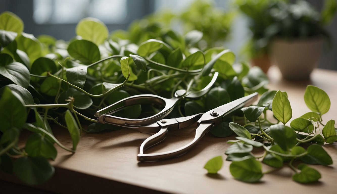A pair of gardening shears trims a long vine of Pothos plant, with a neat pile of trimmed leaves and stems on a clean, well-lit workspace
