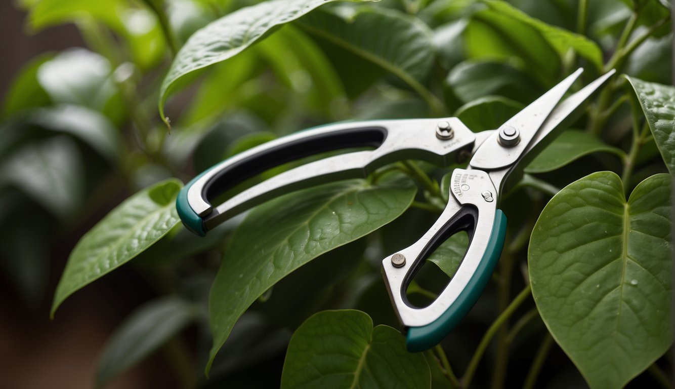 A pair of pruning shears hovers over a lush Pothos plant, ready to trim the overgrown vines. A small pile of trimmed leaves and stems lies nearby