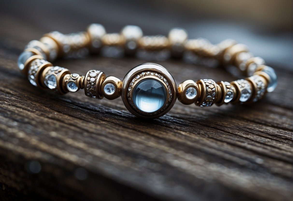 A Pandora bracelet lies on a rustic surface, surrounded by tiny droplets of water. The metal glistens in the light, showcasing its resistance to rust