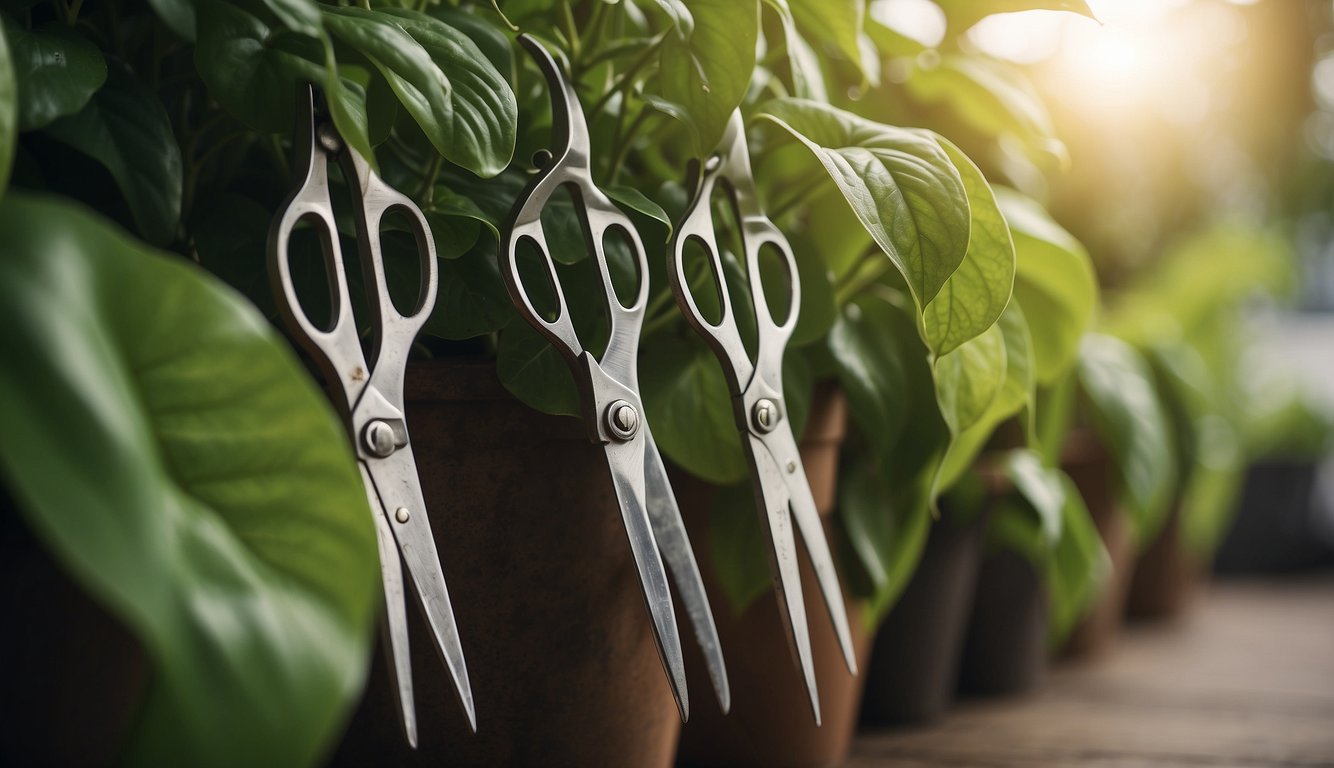 A pair of gardening shears trims the long, trailing vines of a pothos plant, creating a neat and tidy appearance