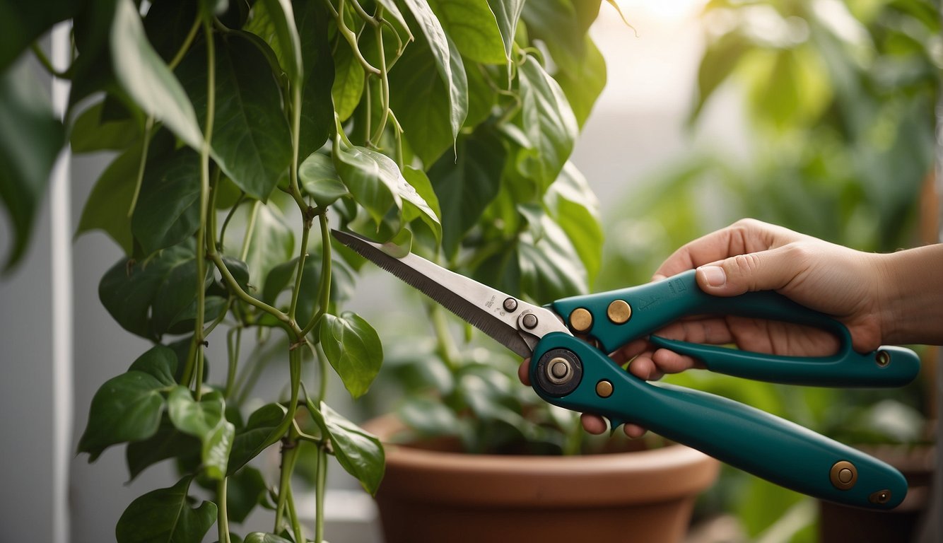 A pair of gardening shears trimming a long, vine-like pothos plant. The plant is draped over a trellis or hanging from a pot