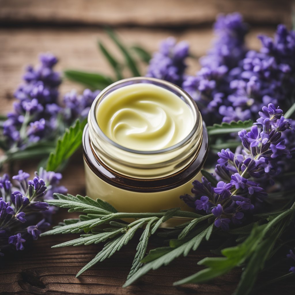 A jar of CBD cream sits on a wooden table next to a bottle of essential oil and a few fresh lavender sprigs