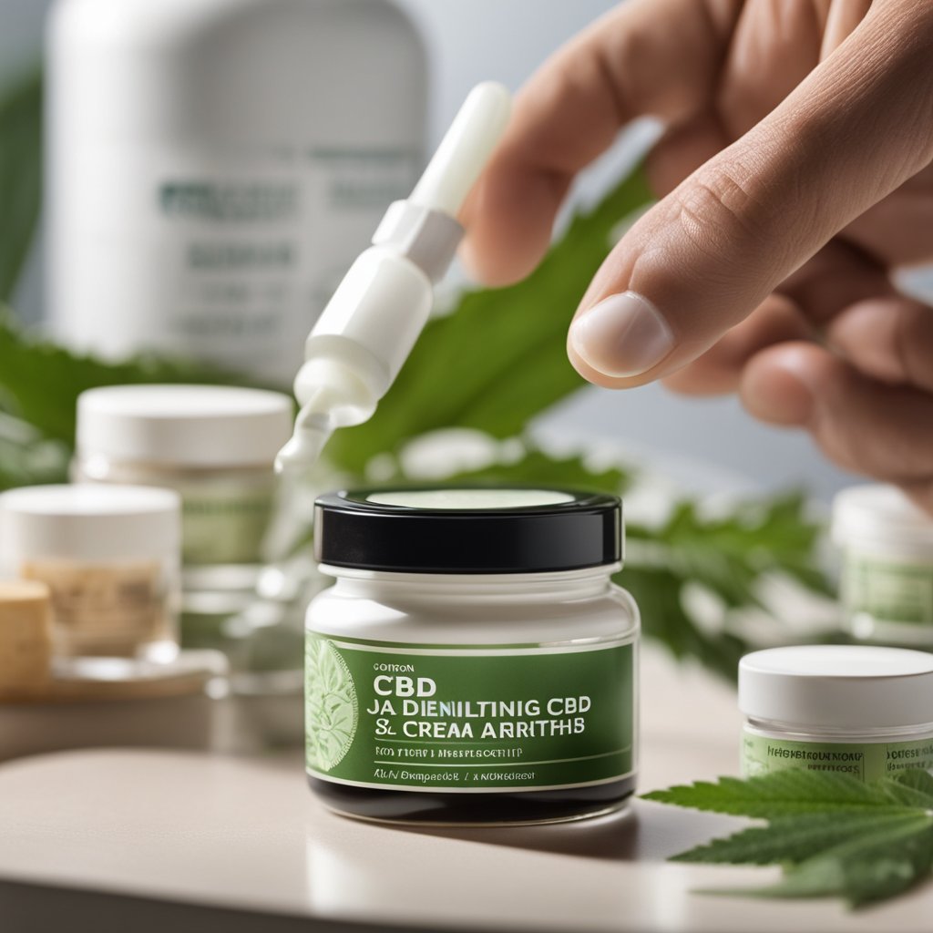 A jar of CBD cream sits on a table next to a bottle of arthritis medication. A gentle hand reaches for the cream, symbolizing relief