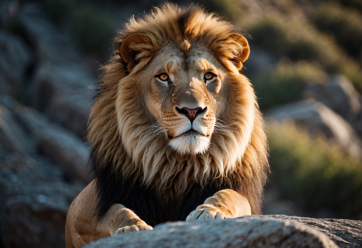 A lion stands confidently on a rocky cliff, its mane blowing in the wind, symbolizing the strength and power found in biblical verses