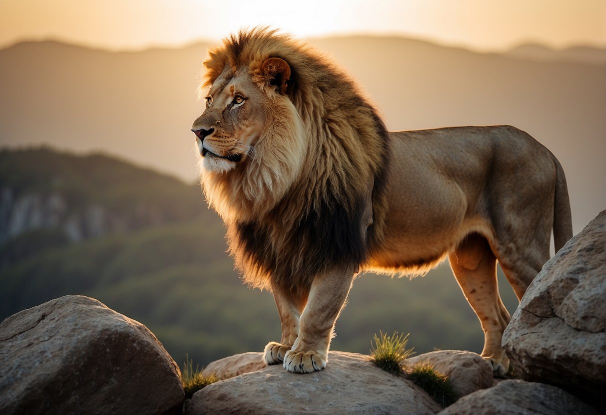 A lion standing confidently on a rocky cliff, with the sun shining behind it, representing the strength and power found in biblical verses