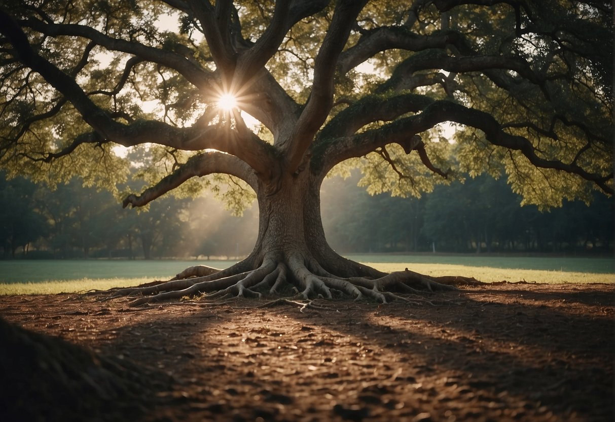 A mighty oak tree stands tall, roots deeply anchored in the earth, symbolizing the strength found in worship and church life