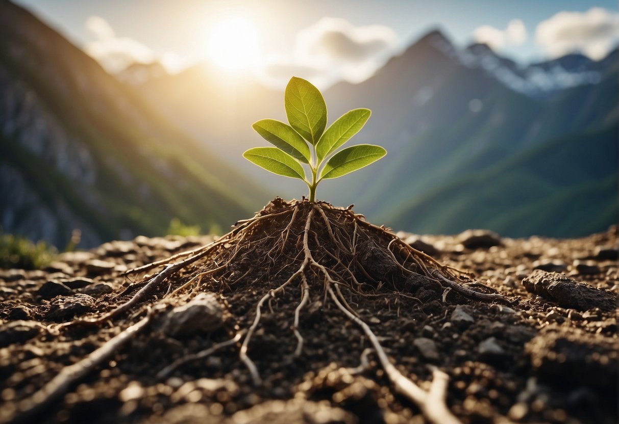 A mountain peak stands tall, with roots deep in the earth. Sunlight shines on its rugged surface, symbolizing strength and resilience