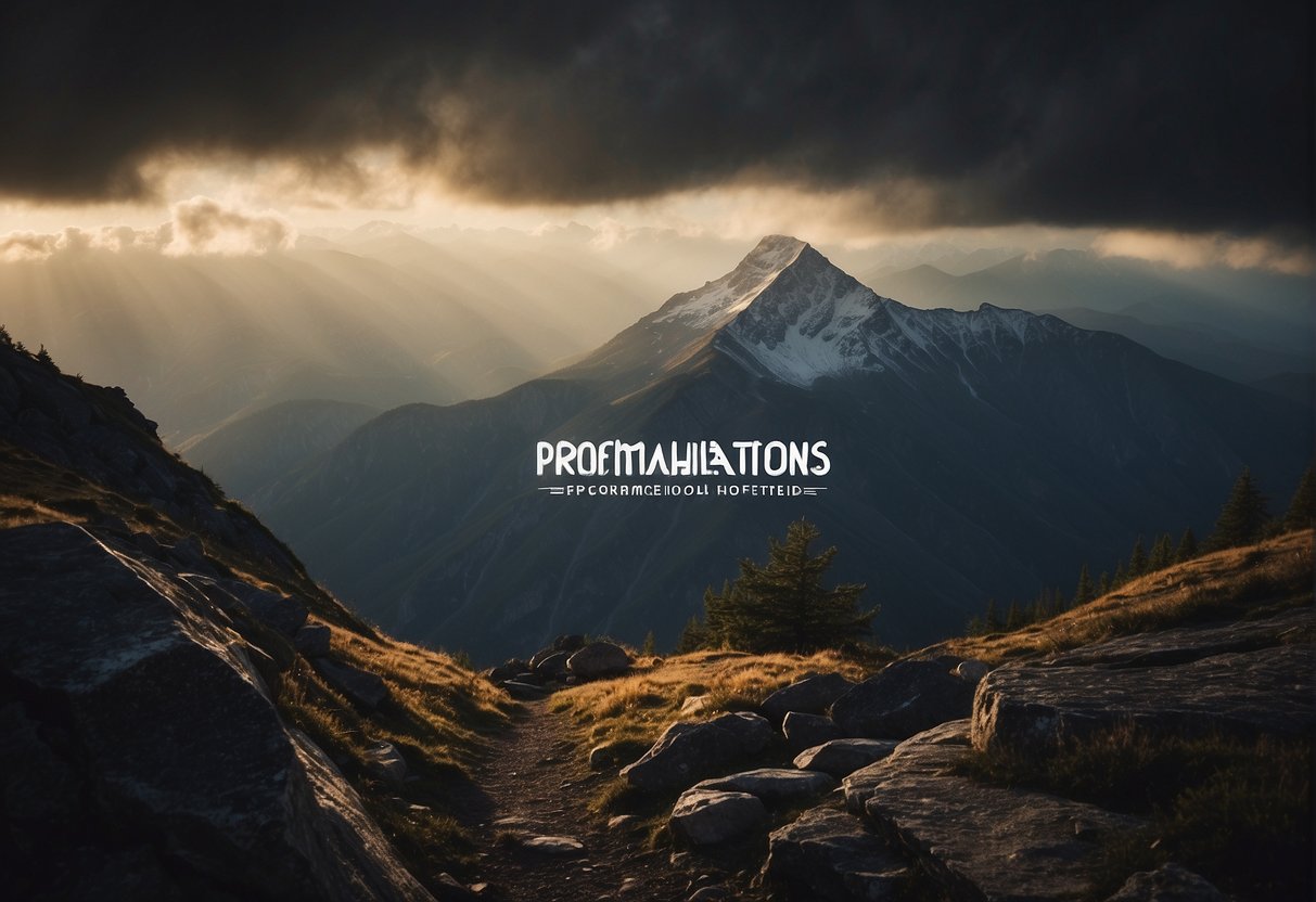 A mountain peak stands tall, surrounded by storm clouds. A beam of light breaks through, illuminating the words "Promises and Proclamations of Strength" in bold letters