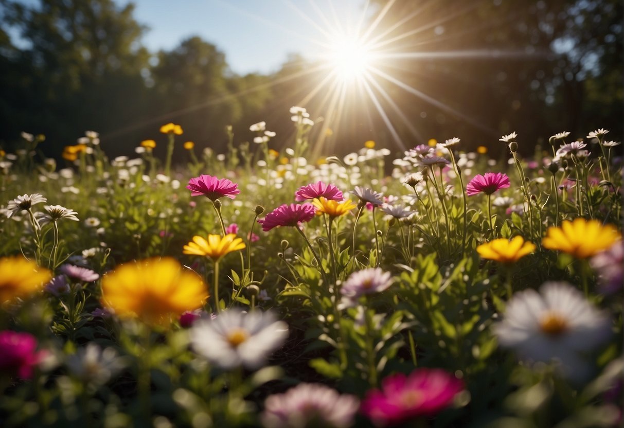 A radiant beam of light shines down, enveloping a field of vibrant flowers, symbolizing hope and restoration