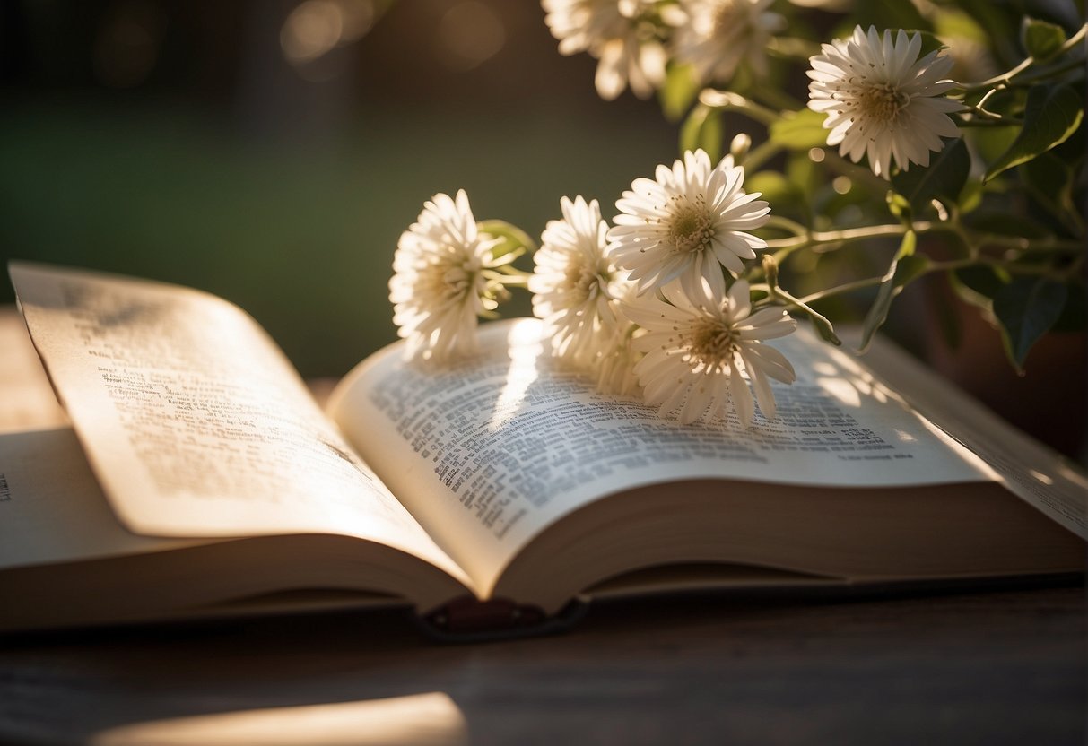 A serene, open book with rays of light shining down, surrounded by blooming flowers and a peaceful atmosphere
