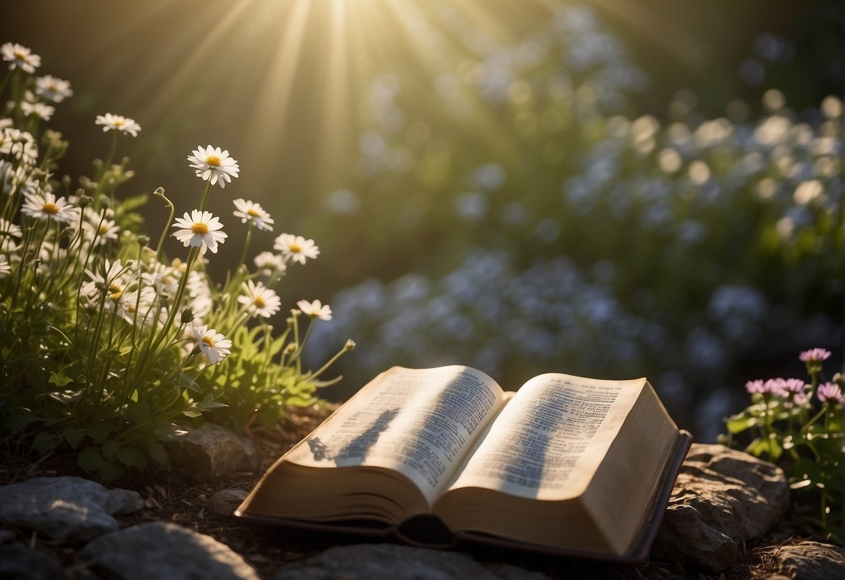 A serene garden with a beam of light shining down on an open bible, surrounded by blooming flowers and peaceful wildlife