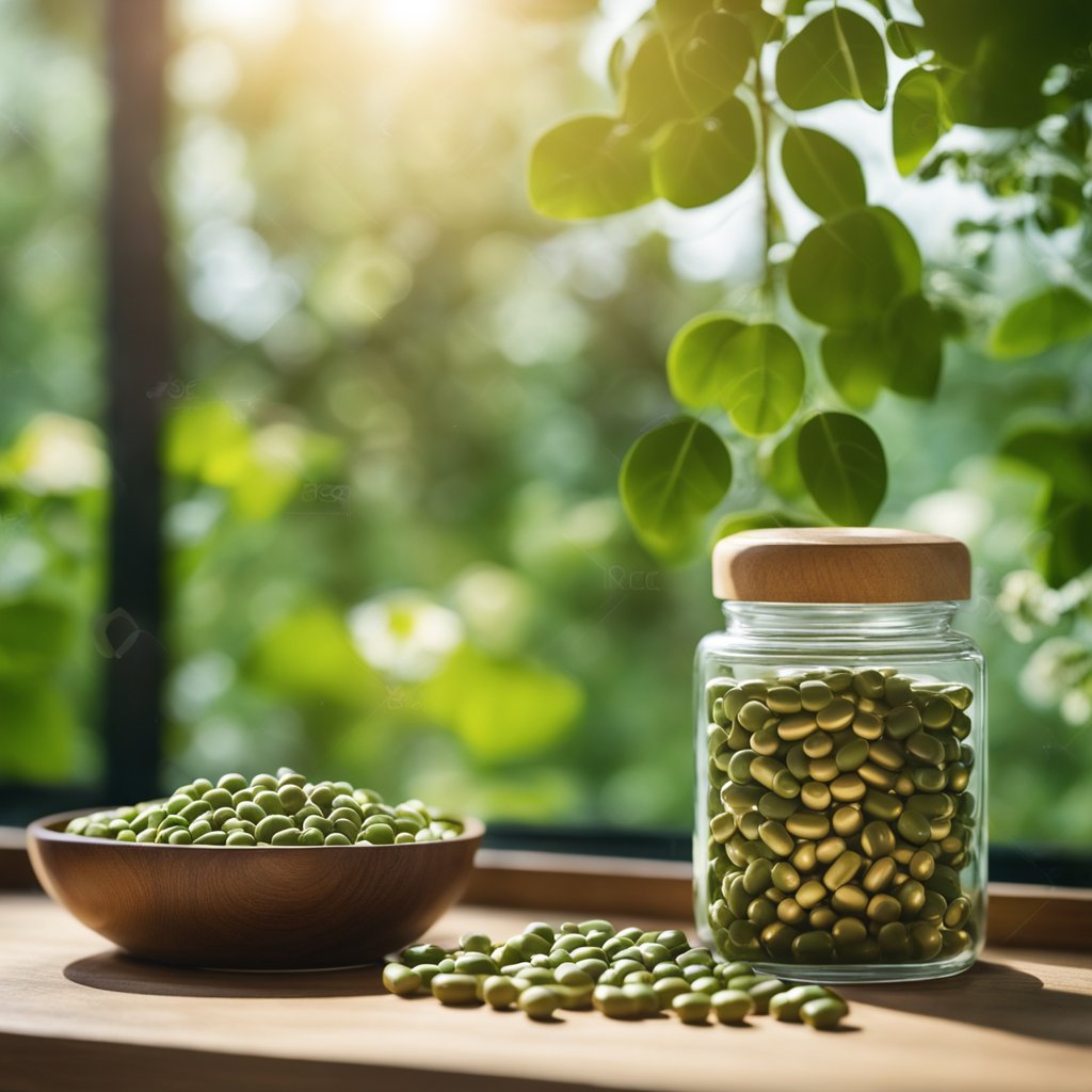 A jar of moringa capsules sits on a wooden table, surrounded by fresh moringa leaves and flowers. Sunlight streams in through a nearby window, casting a warm glow on the scene