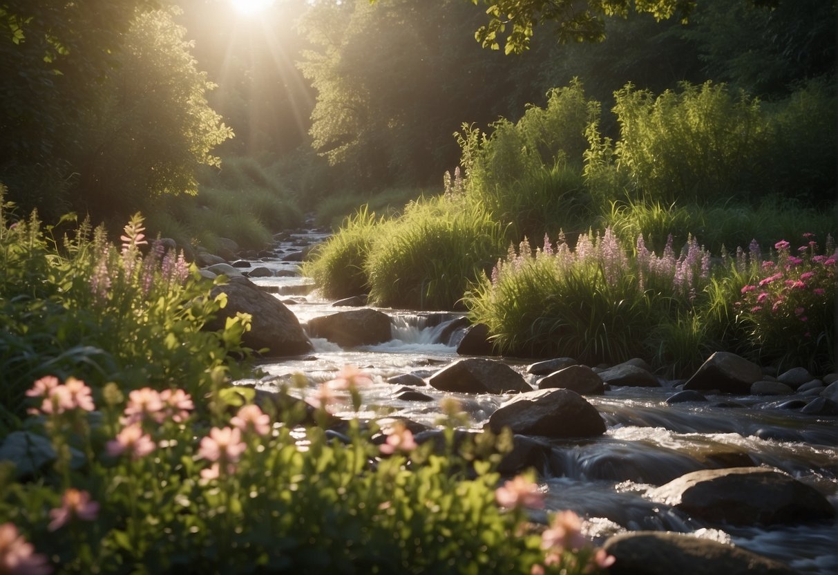 A serene landscape with a gentle stream, surrounded by vibrant flowers and lush greenery. A beam of light shines down from the sky, symbolizing God's grace and mercy