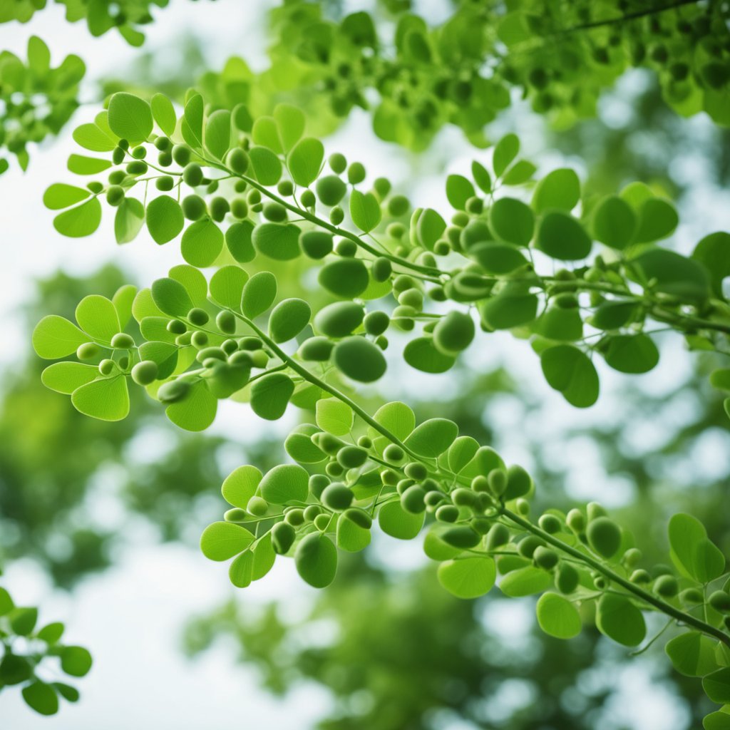 A vibrant green moringa tree with ripe pods, surrounded by a field of lush, healthy plants