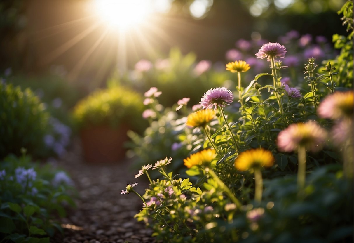 A radiant light shines down on a lush garden, with vibrant flowers blooming and a sense of tranquility in the air. A gentle breeze carries the fragrance of herbs and plants, symbolizing the healing power of righteous living