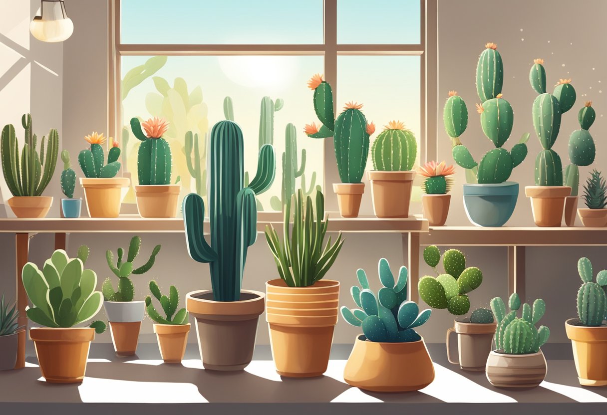 A bright, sunlit room with various types of cactus plants arranged on shelves and tables, surrounded by pots of well-draining soil and small watering cans