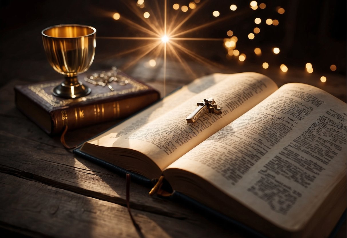A beam of light shining down on an open Bible, surrounded by various symbols of faith such as a cross, a dove, and a shining star