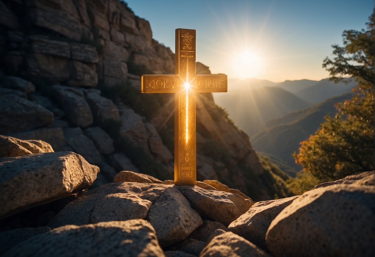 A glowing cross stands tall on a rocky cliff, surrounded by ancient scriptures and a radiant beam of light