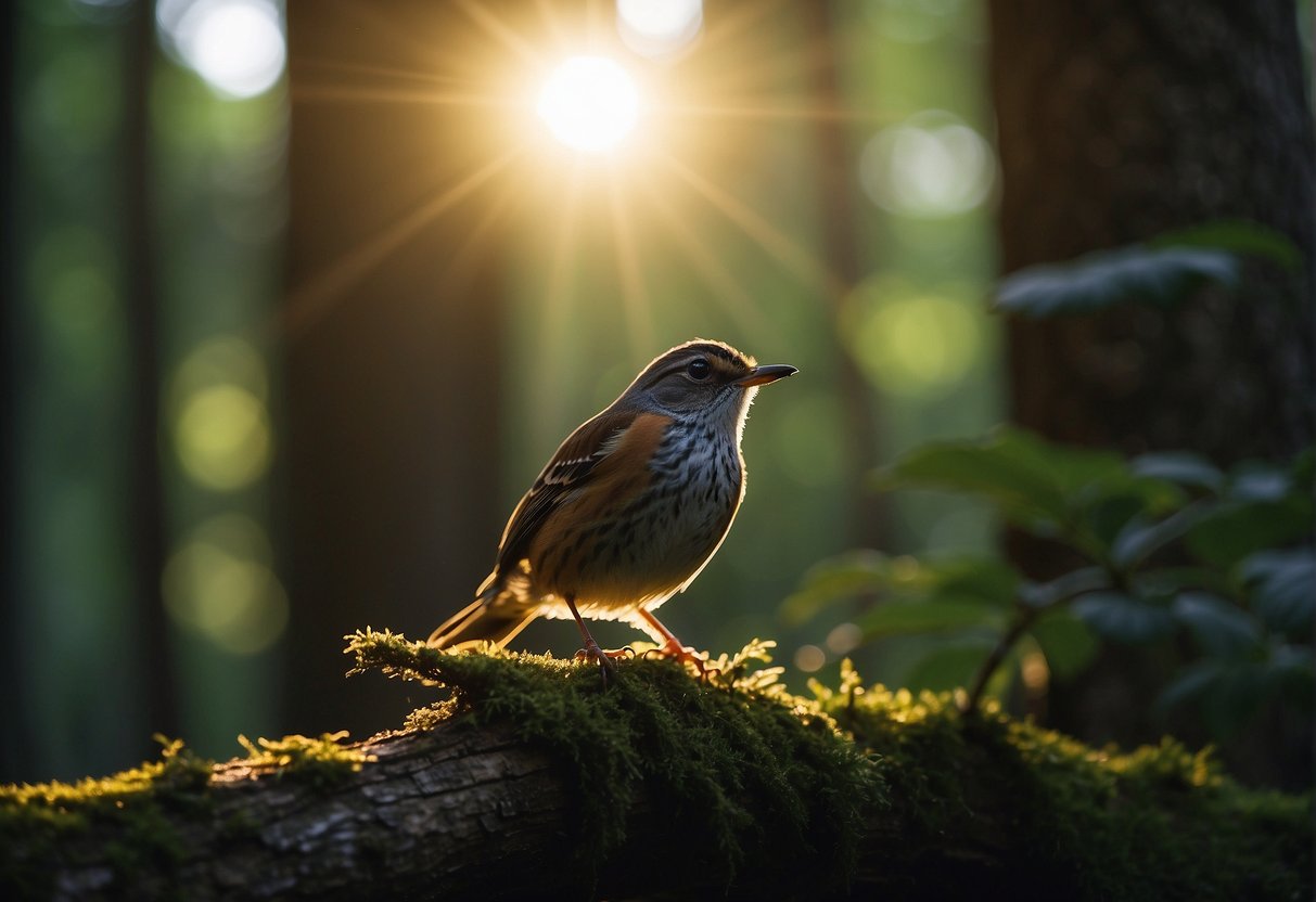 A beam of light shines through a dense forest, illuminating a path. A small bird perched on a branch looks up at the light with a sense of wonder and hope