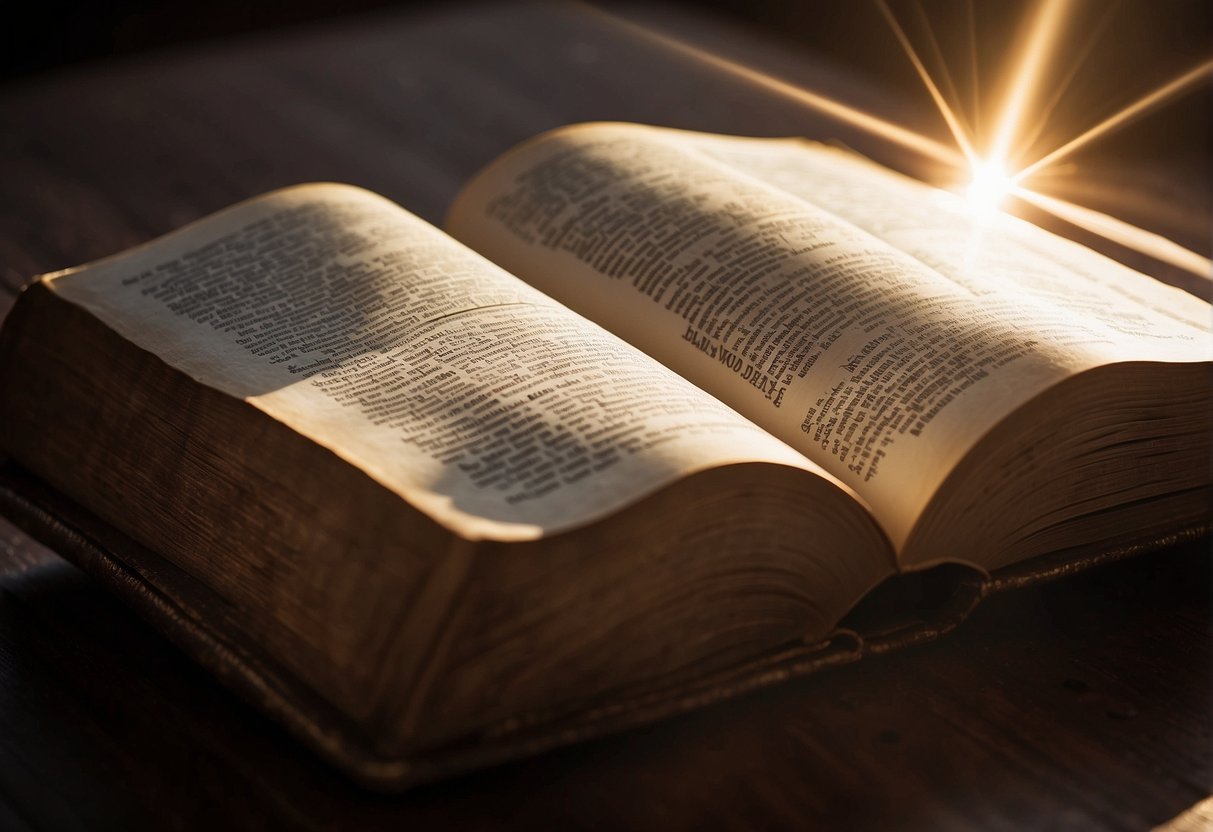 A beam of light shines down on an open Bible, highlighting verses about faith and God's promises. Rays of light radiate from the pages, symbolizing the illuminating power of faith