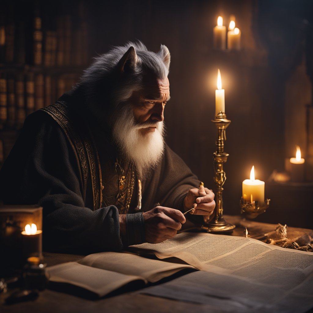 A skald reviews a scroll by candlelight. A quill and inkpot sit nearby. A wolf pelt hangs on the wall