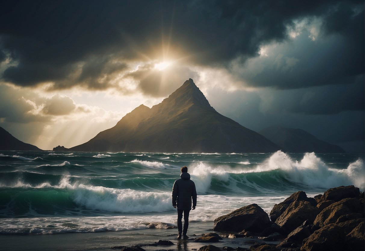 A figure stands at the edge of a stormy sea, facing a towering mountain. A beam of light breaks through the clouds, illuminating the figure's path