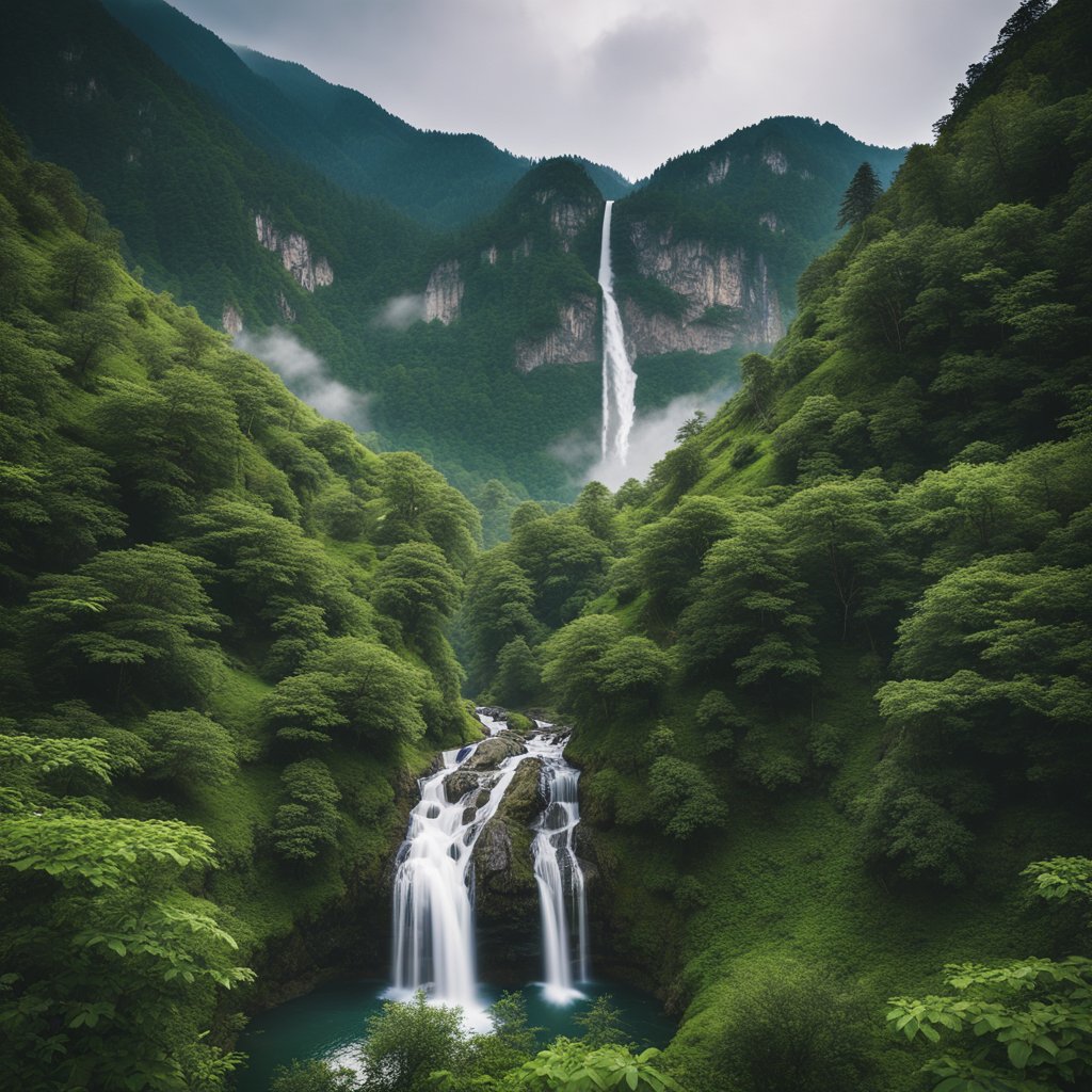 A majestic mountain range looms in the background, while a powerful waterfall cascades down in the foreground, surrounded by lush greenery